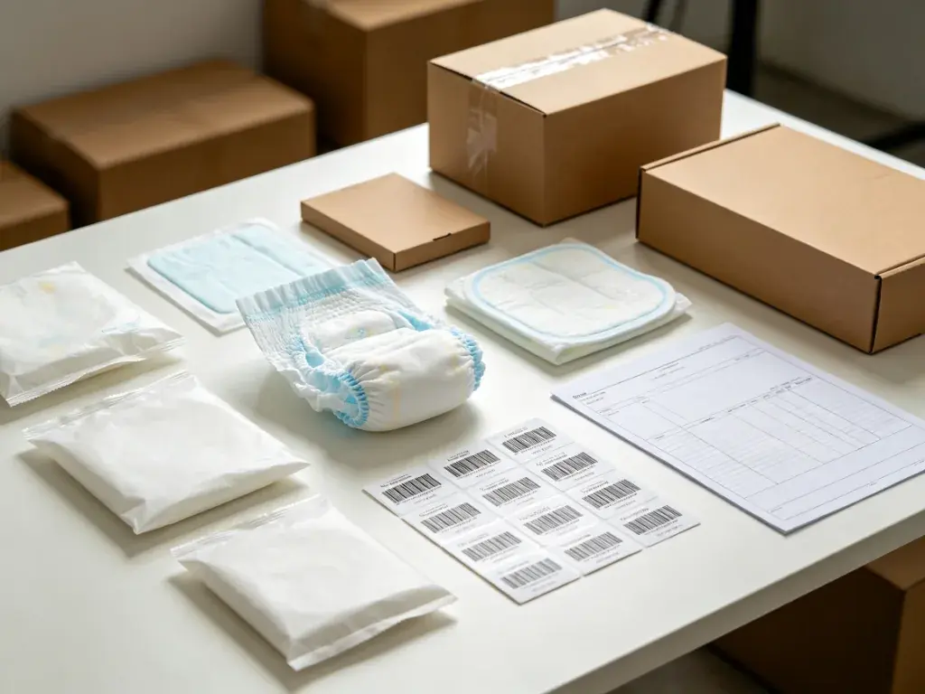 baby care OEM product samples with diapers underpads packaging and barcode labels