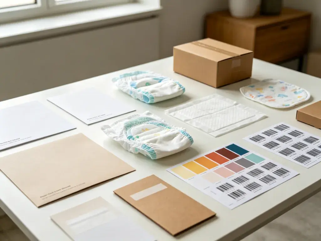 baby care product development samples with diapers underpads materials and color options