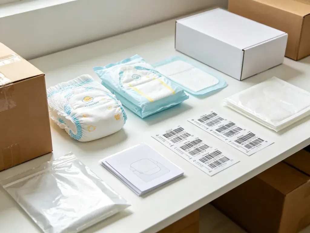 baby care ecommerce product preparation with diapers packaging and barcode labels