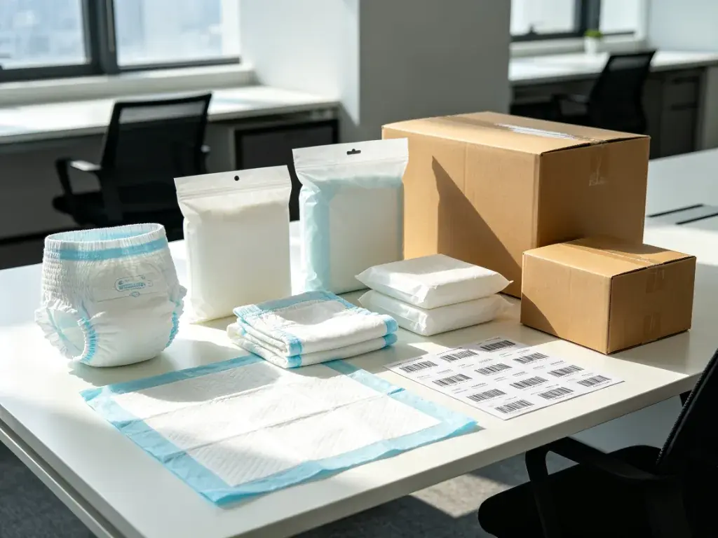 private label baby care products with diapers underpads packaging and export cartons