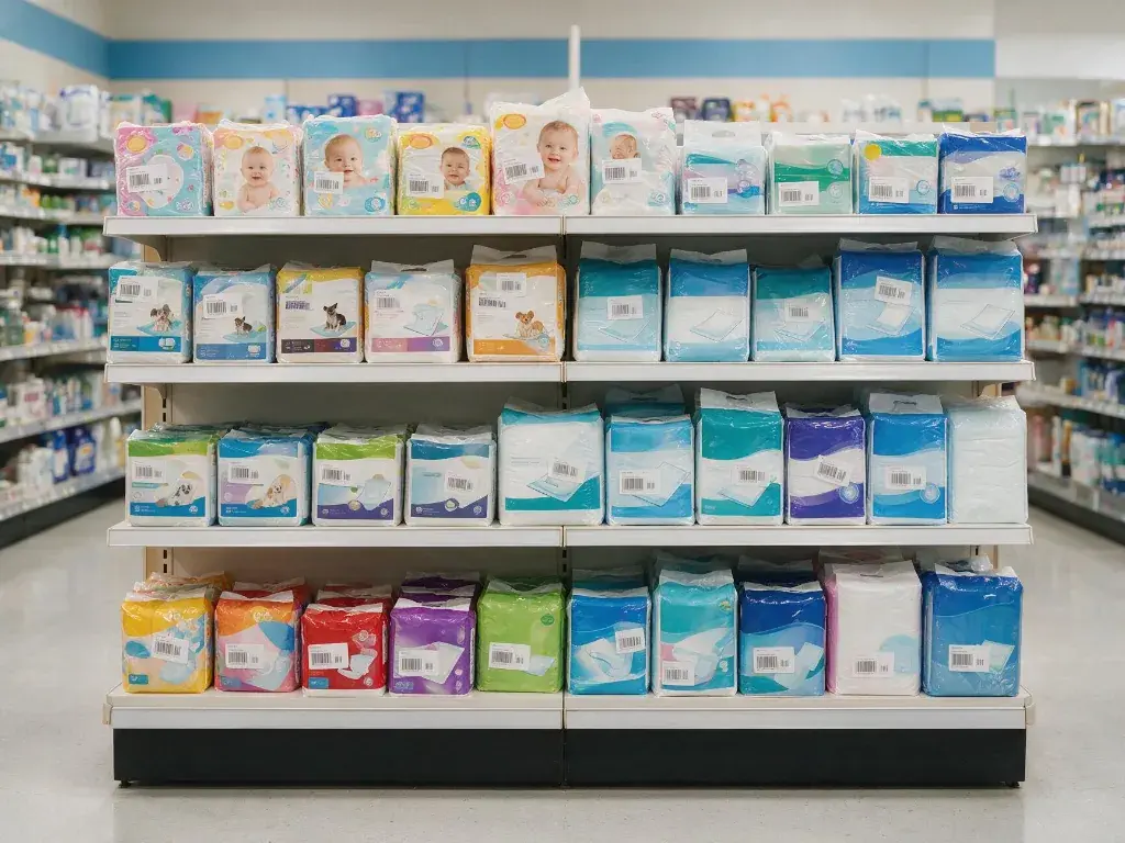 baby care products retail shelf display with diapers underpads and hygiene products