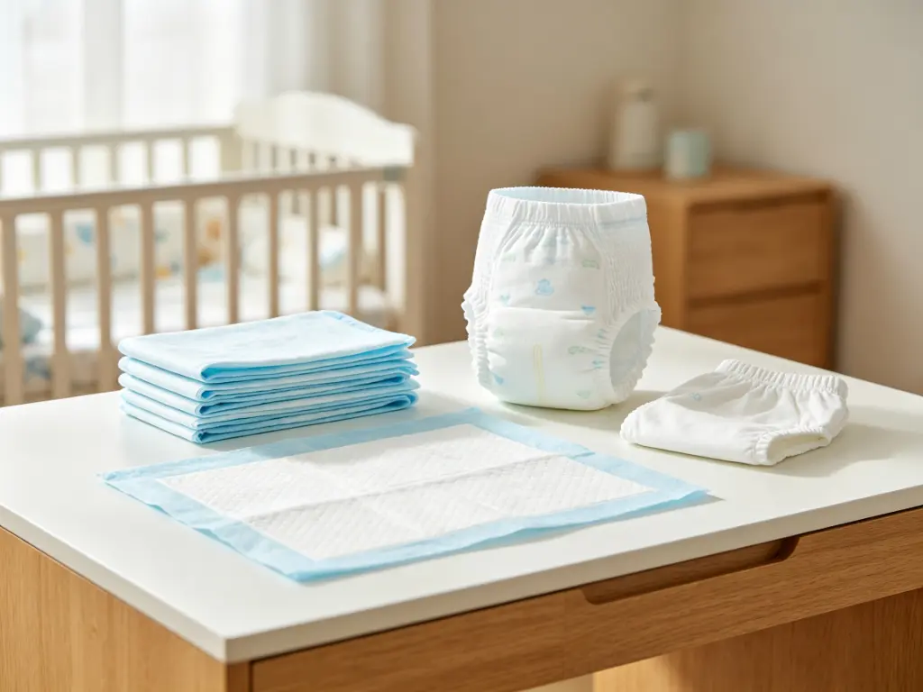 baby care solutions with basic baby diapers and blue border underpads
