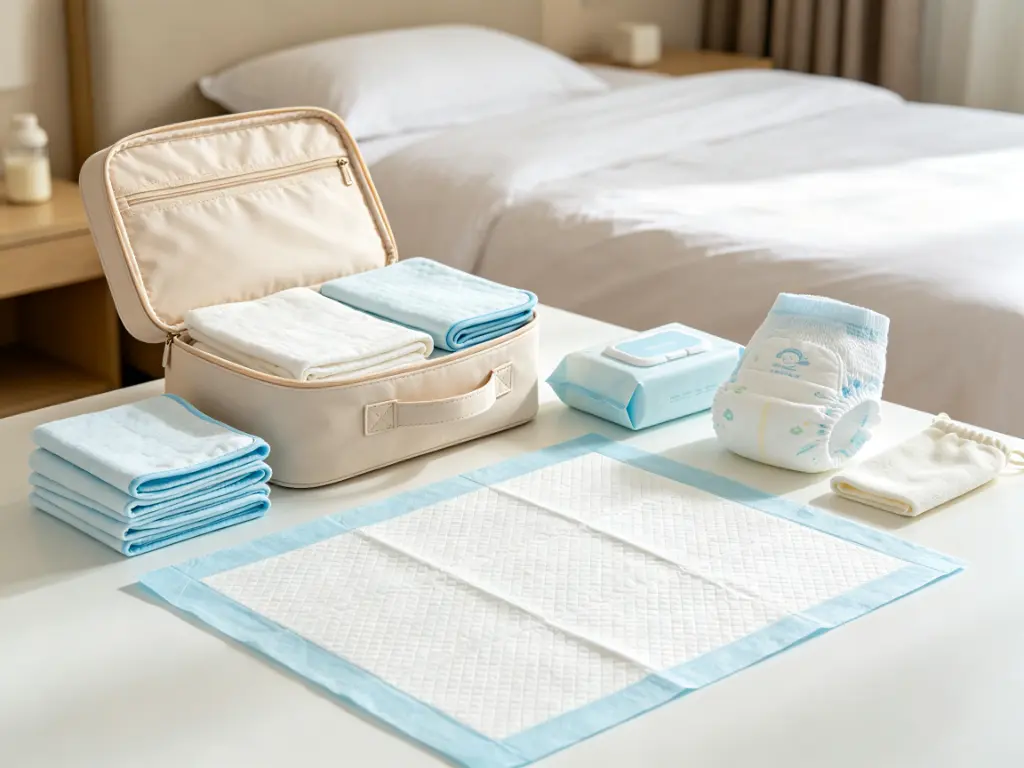 basic baby diapers and blue border changing pads for travel baby care
