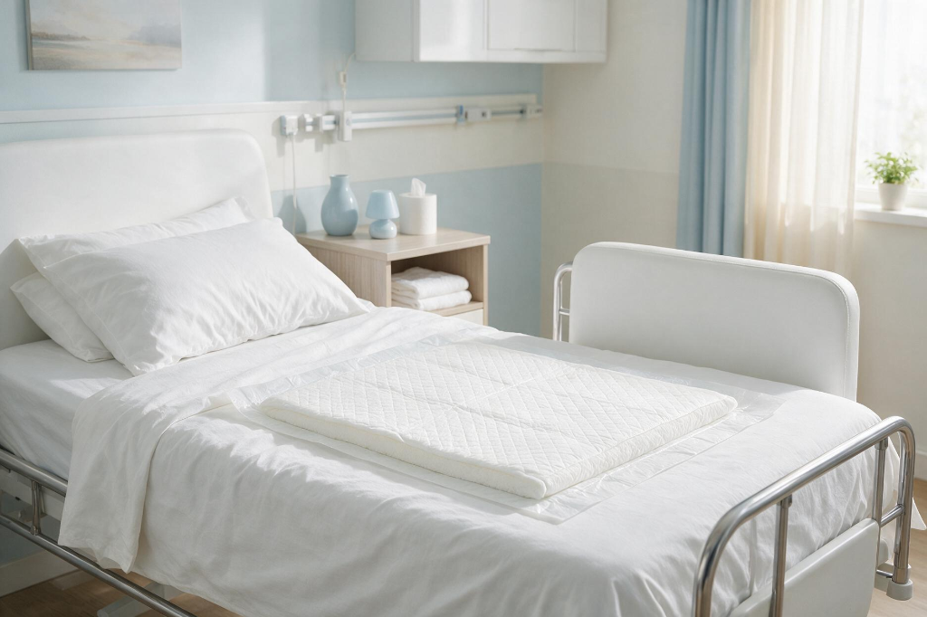 02 medical bed underpad healthcare scene Disposable adult underpad on clean care bed for healthcare and incontinence protection