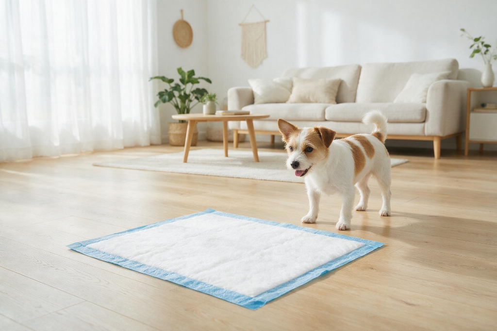 06 pet training pad home scene Disposable pet care products with pet training pad for puppy training and indoor protection