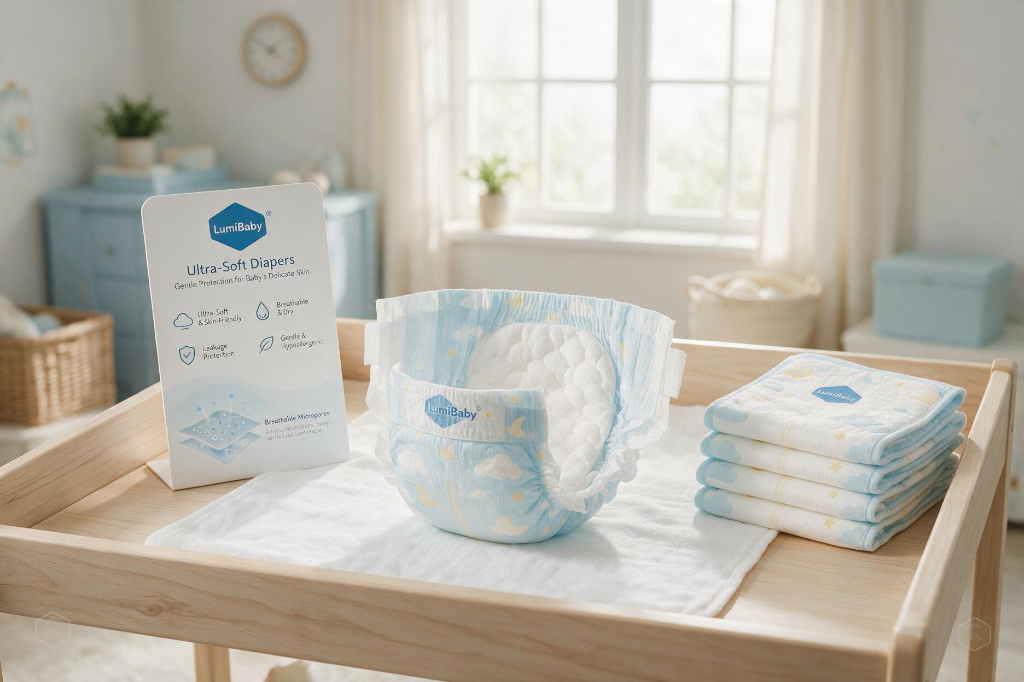 08 baby diaper product display Disposable baby diapers and baby underpads arranged for clean baby care product solutions