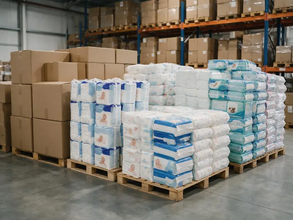 08-baby-diapers-underpads-palletized-warehouse-stock palletized baby diapers and underpads warehouse stock for wholesale supply