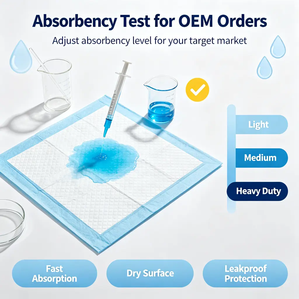 Absorbency test for OEM pet pads with adjustable light medium and heavy duty absorption levels
