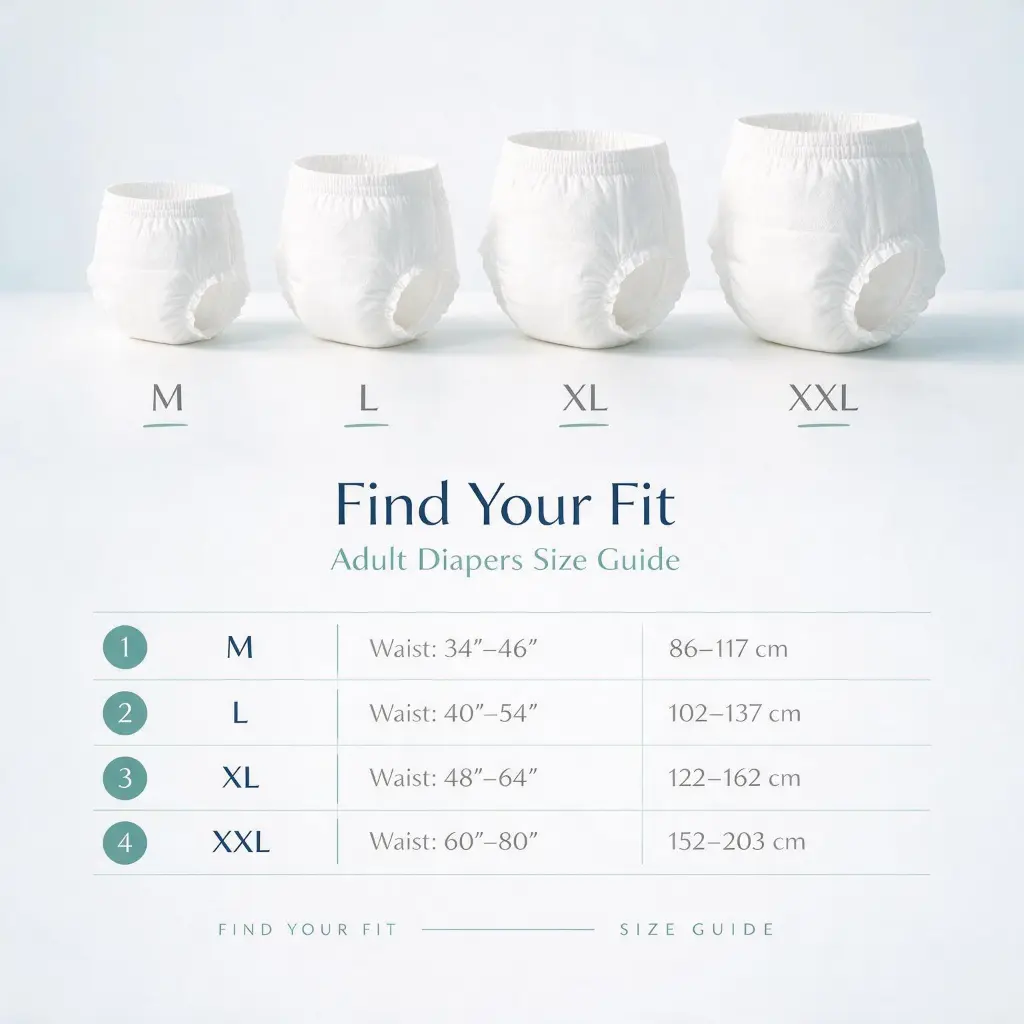 Adult diapers size guide for heavy incontinence care with M L XL and XXL waist measurements in inches and centimeters