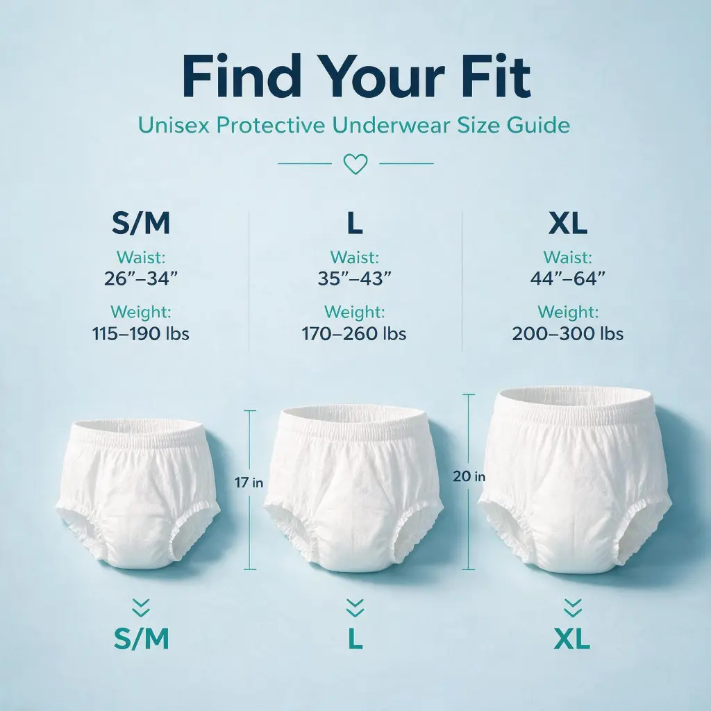 Adult protective underwear size guide showing S M L and XL options with waist and weight ranges