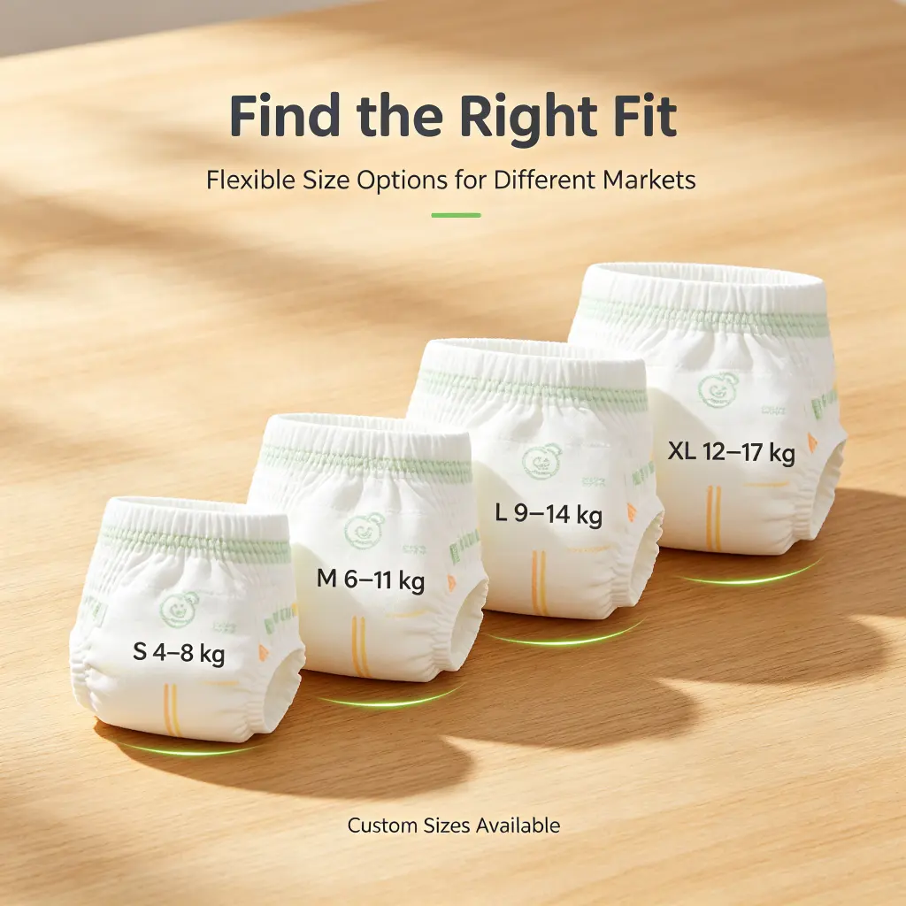 Baby diapers size guide with custom size options for different markets and private label brands