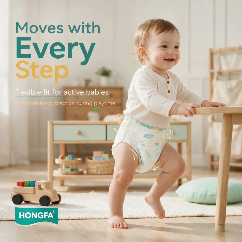 Baby pants diapers with flexible fit for active babies during walking crawling and playtime