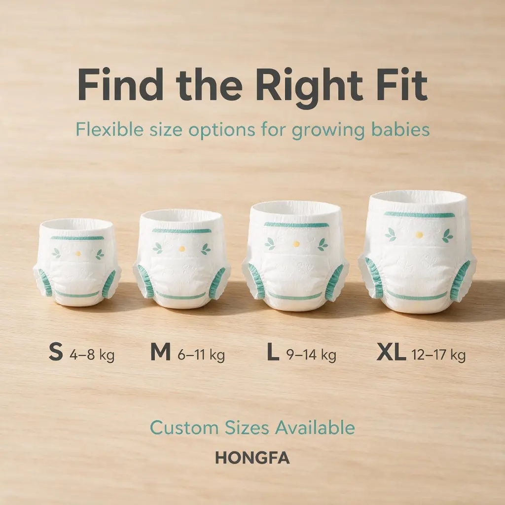 Baby pants diapers size guide with flexible size options and custom sizes available for growing babies