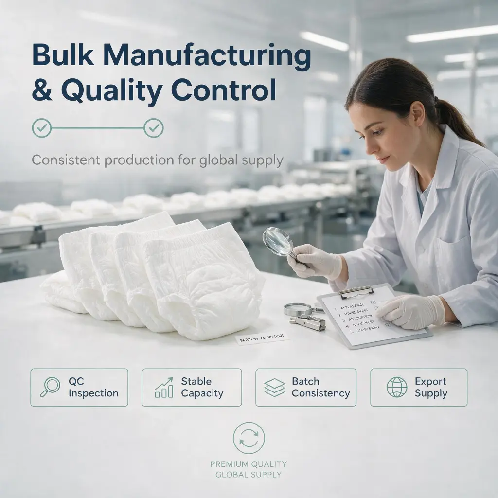 Clean B2B manufacturing and quality control image showing adult diaper inspection, batch consistency, stable capacity, and export supply capability.