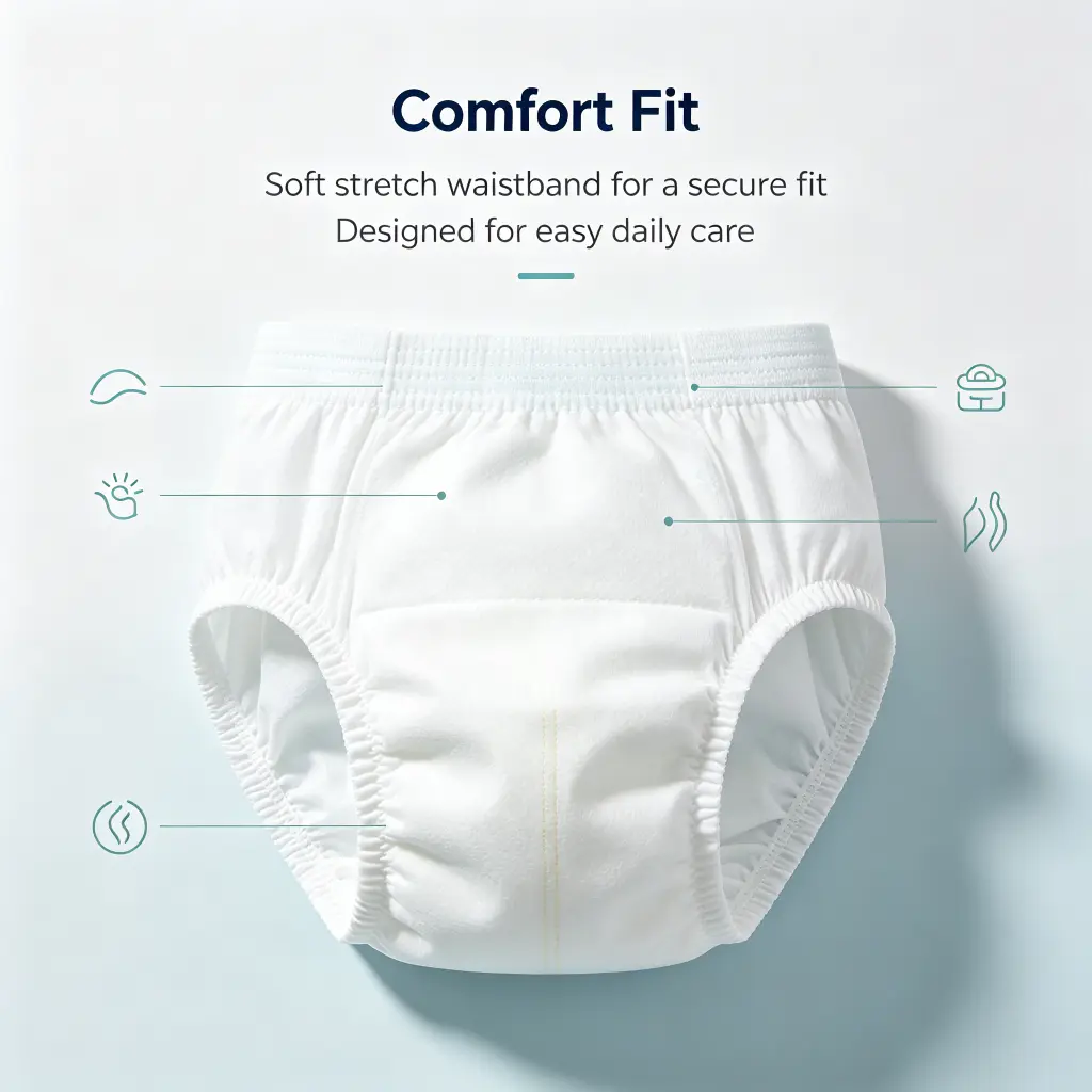 Adult diapers with soft stretch waistband and elastic leg cuffs for a secure comfortable fit