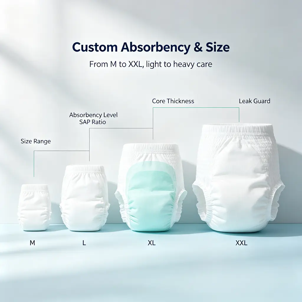 OEM adult diapers available with custom size range, absorbency level, SAP ratio, core thickness, waistband, and leak guard options.