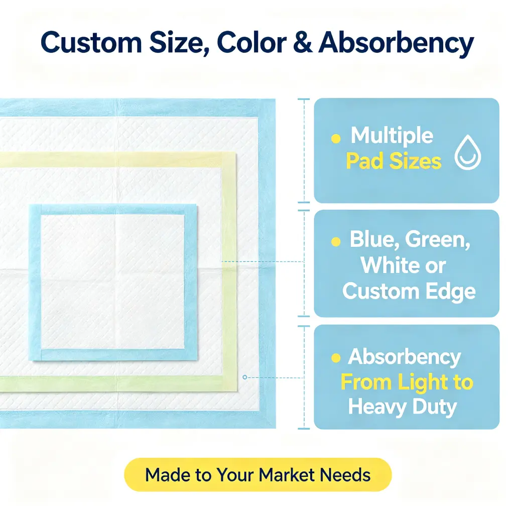 Custom pet pads with flexible size color edge and absorbency options for OEM orders