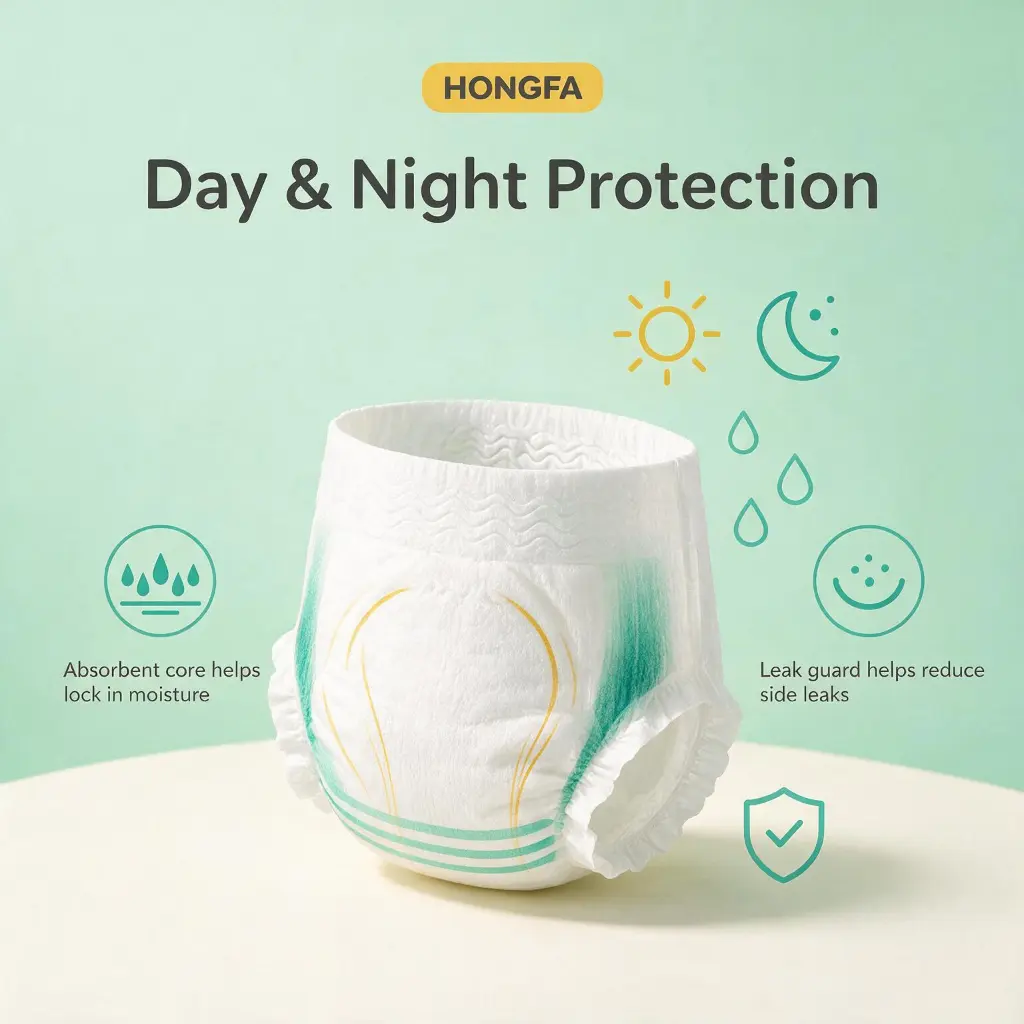 Baby pants diapers with day and night protection absorbent core and leak guard to help reduce side leaks
