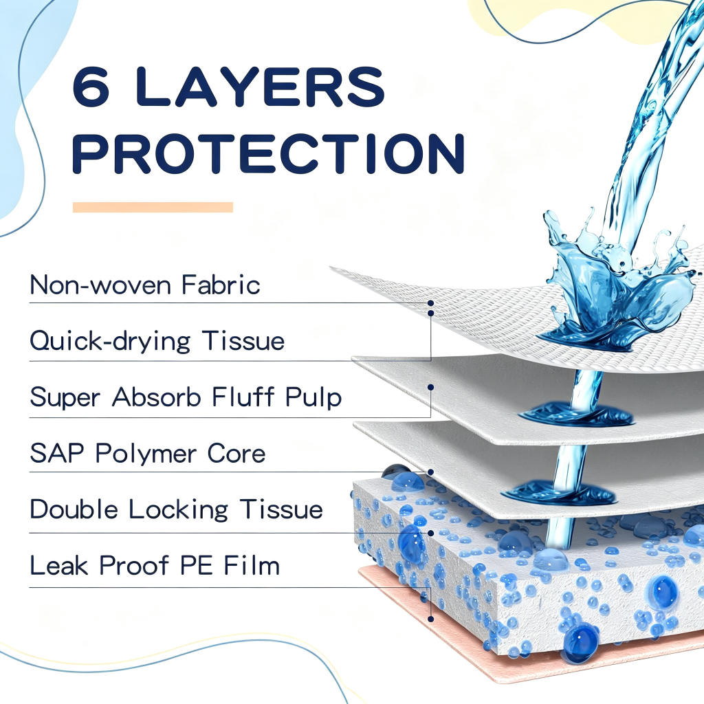 six layer leakproof dog potty pads with absorbent polymer core