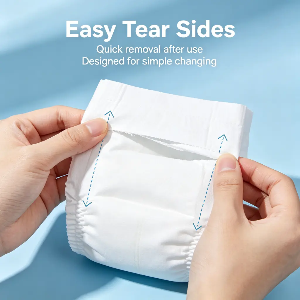 Adult pull-up diapers with easy tear sides for quick removal and simple changing