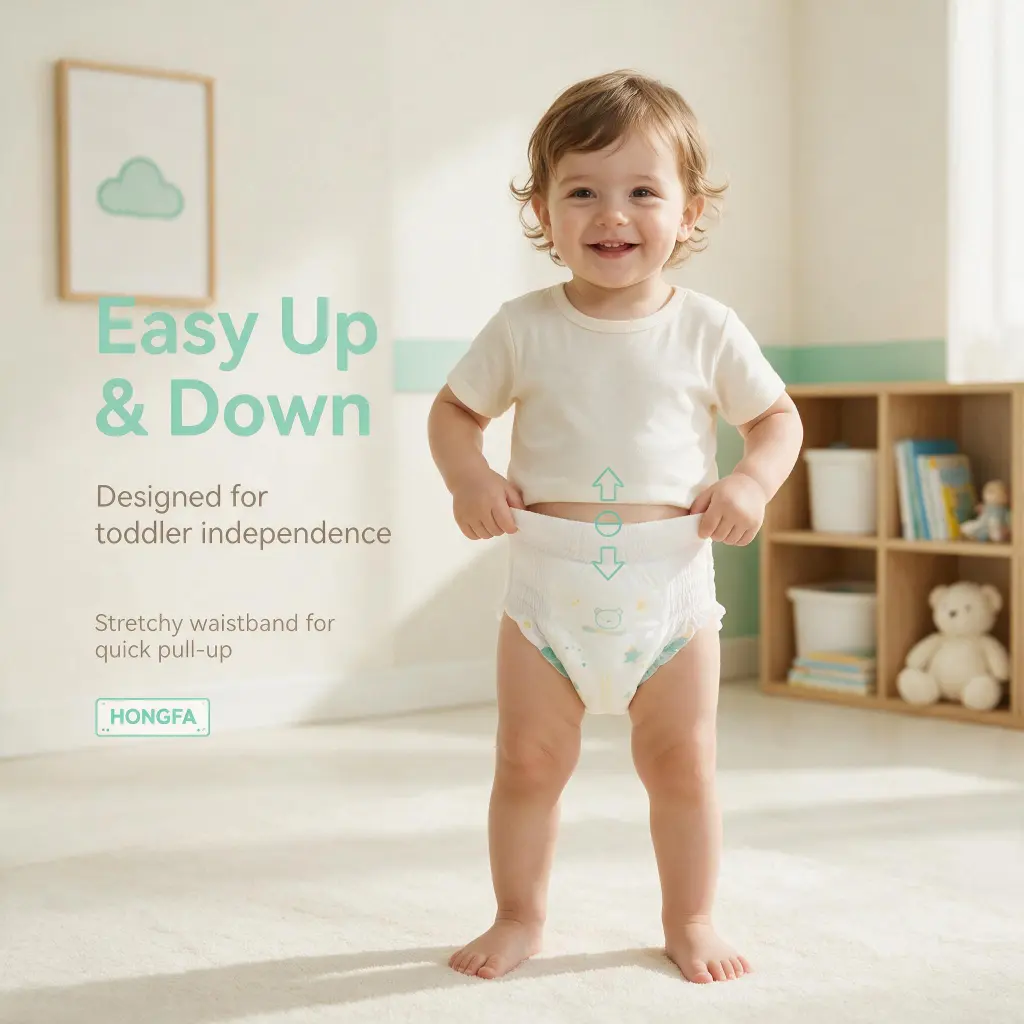 Baby pants diapers with easy up and down pull-up design and stretchy waistband for toddler independence