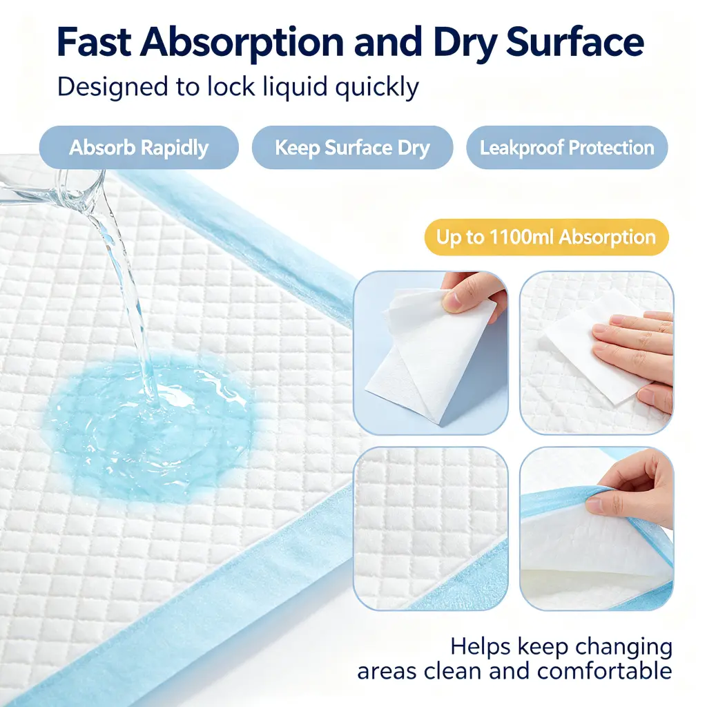 Fast absorption baby changing pads with dry surface leakproof protection and up to 1100ml liquid absorption