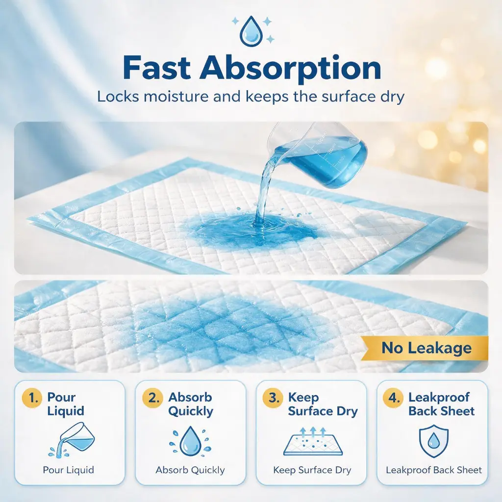 Fast absorption baby changing pad with blue liquid test showing dry surface and leakproof back sheet protection