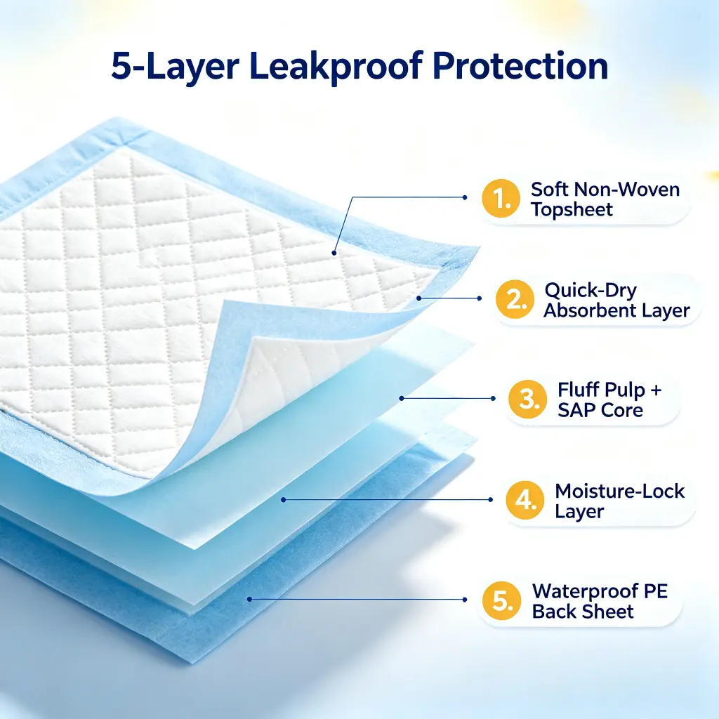Five layer leakproof baby changing pad with soft non-woven topsheet absorbent SAP core and waterproof PE back sheet