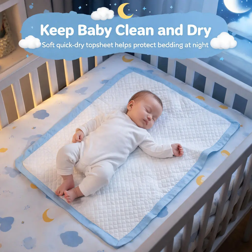 Baby sleeping on disposable changing pad with soft quick dry topsheet to help keep bedding clean and dry at night