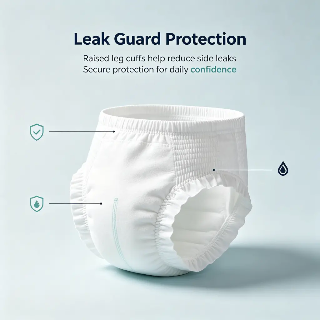 Adult diapers with raised leak guards to help reduce side leaks and improve daily confidence