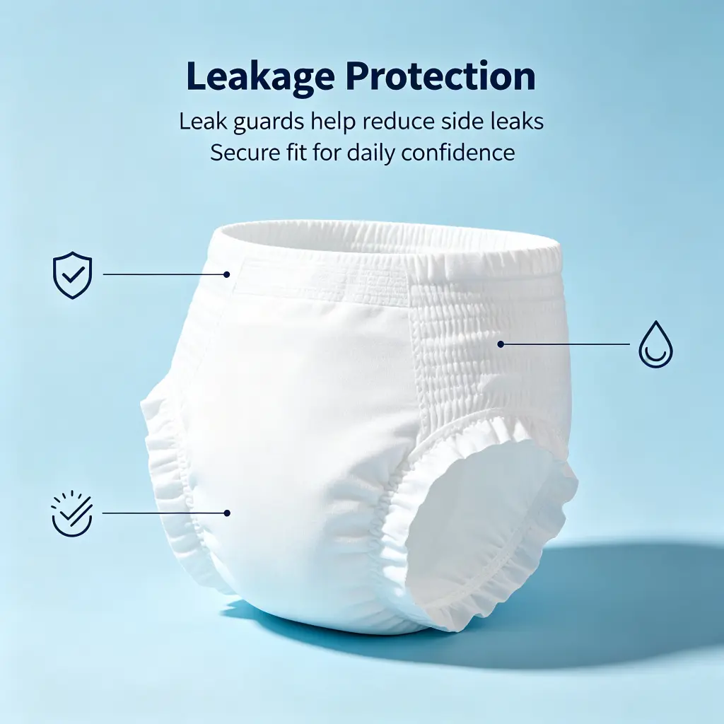 Adult protective underwear with leak guards to help reduce side leaks and provide daily confidence