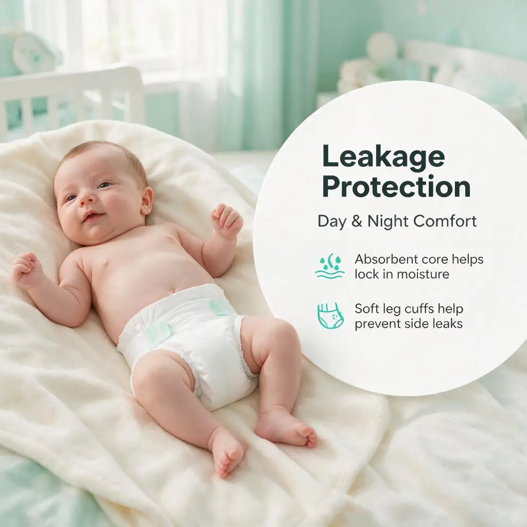 Newborn diapers with leakage protection absorbent core and soft leg cuffs for day and night comfort