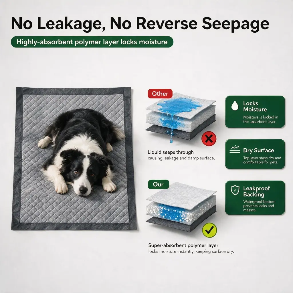 Leakproof charcoal puppy pads with no reverse seepage and dry surface protection