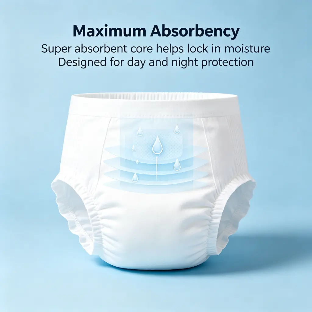 Adult pull-up diapers with maximum absorbency and super absorbent core to help lock in moisture