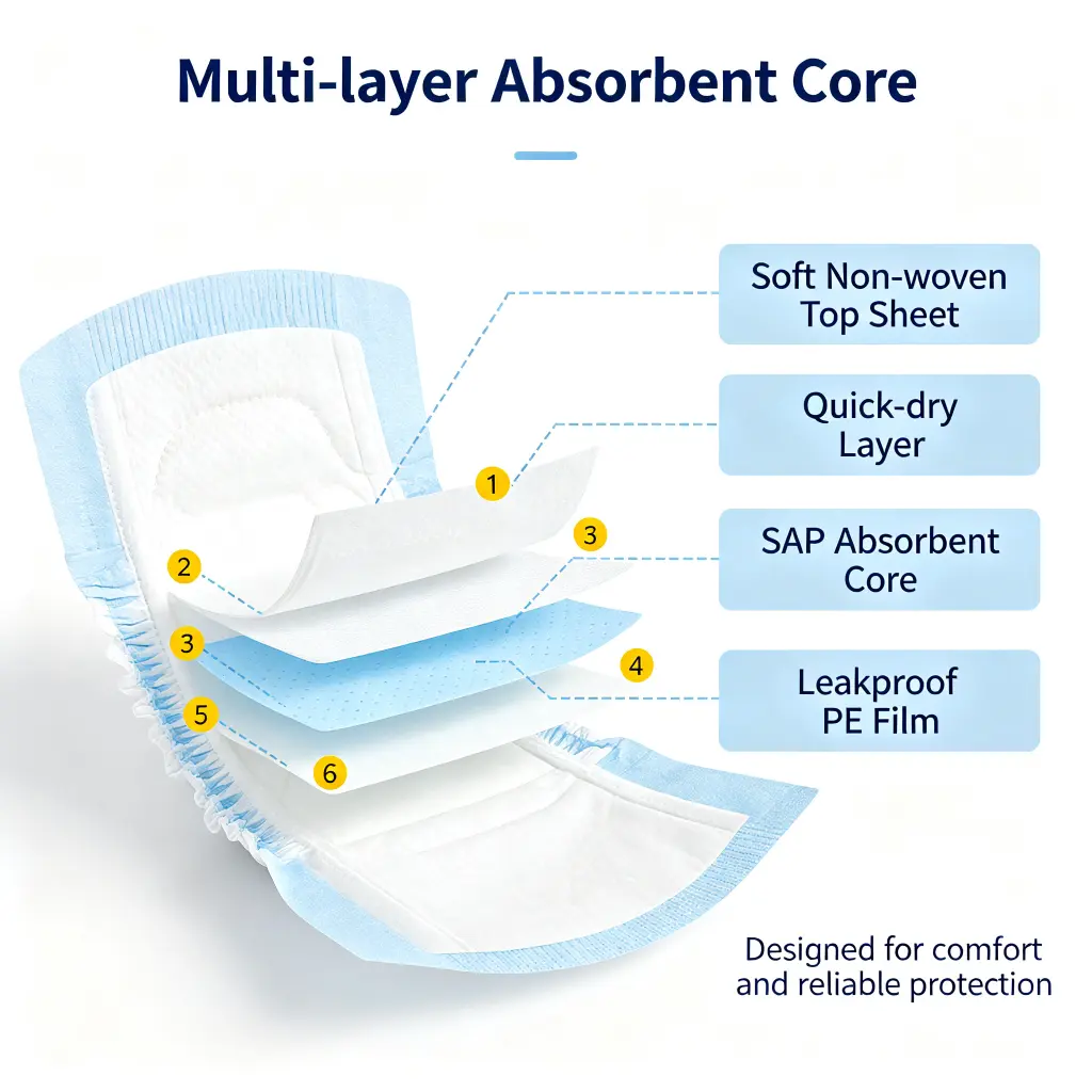 Multi-layer absorbent core pet diapers with soft non-woven top sheet quick dry layer SAP core and leakproof PE film
