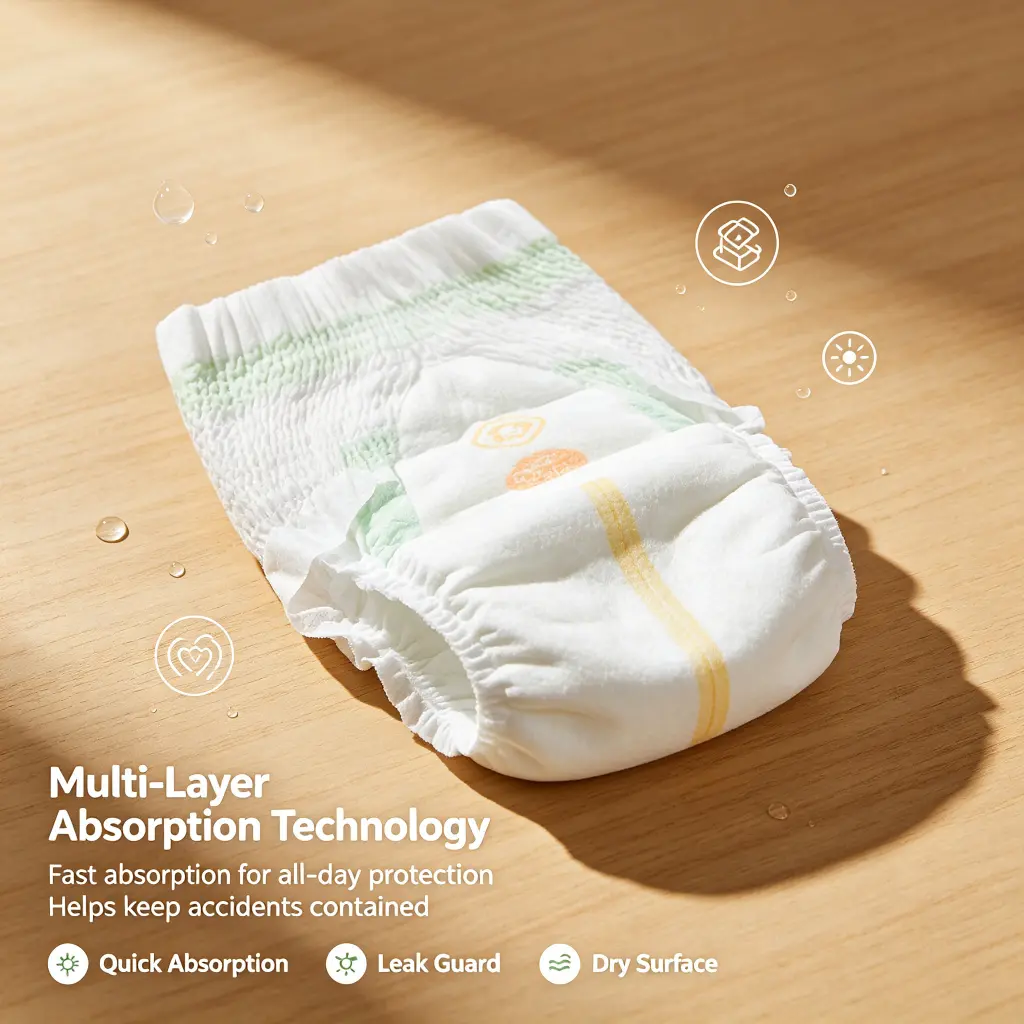 Baby diapers with multi-layer absorption technology quick absorption leak guard and dry surface