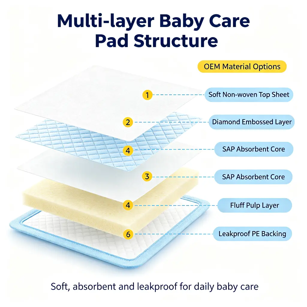 Multi-layer baby care pad structure with soft non-woven top sheet SAP absorbent core and leakproof PE backing