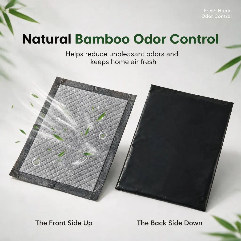 Natural bamboo odor control puppy pads with front absorbent side and black PE backing side