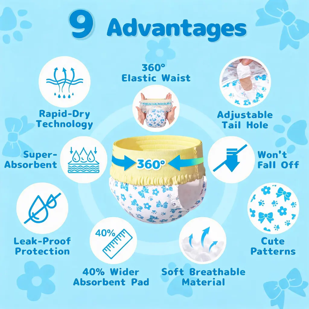 Nine advantages of pull up dog diapers including elastic waist rapid dry technology leak proof protection and breathable material