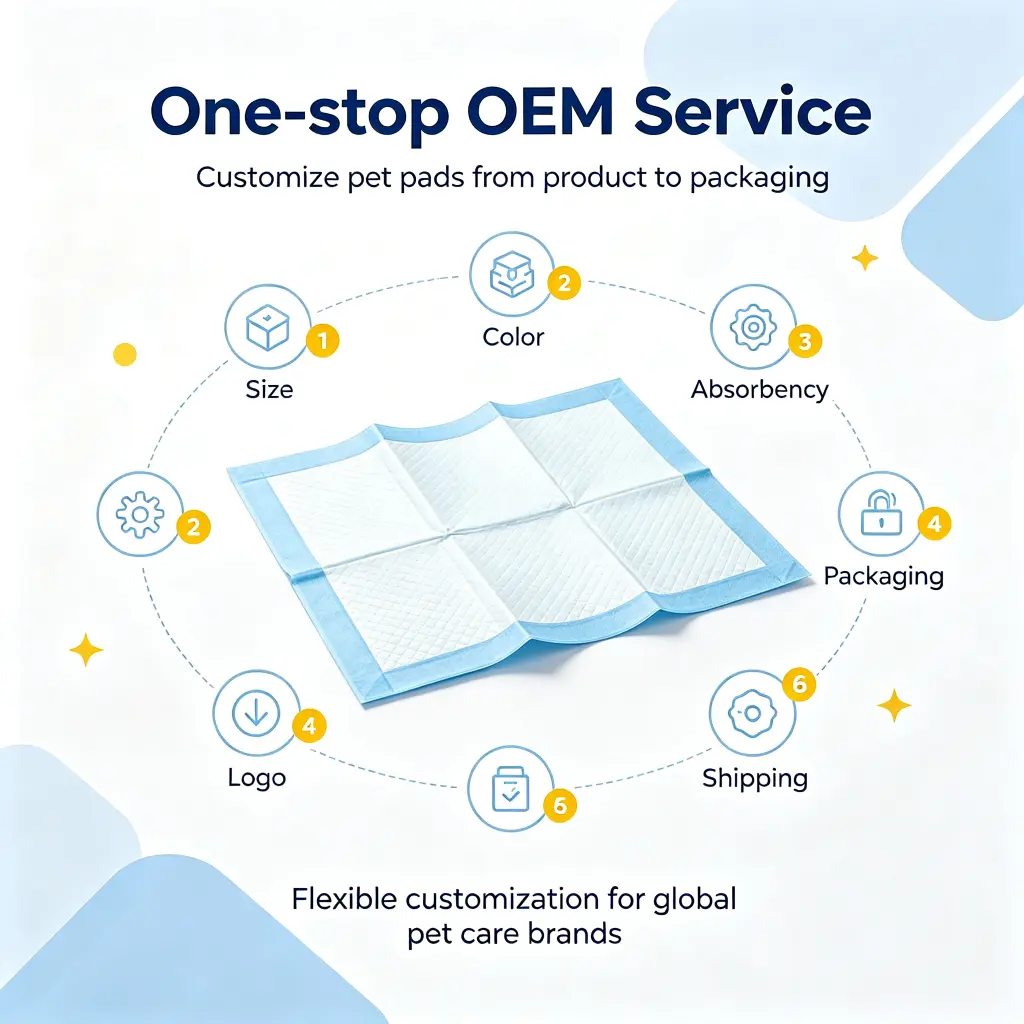 One-stop OEM pet pads service for custom size color absorbency packaging logo and shipping solutions