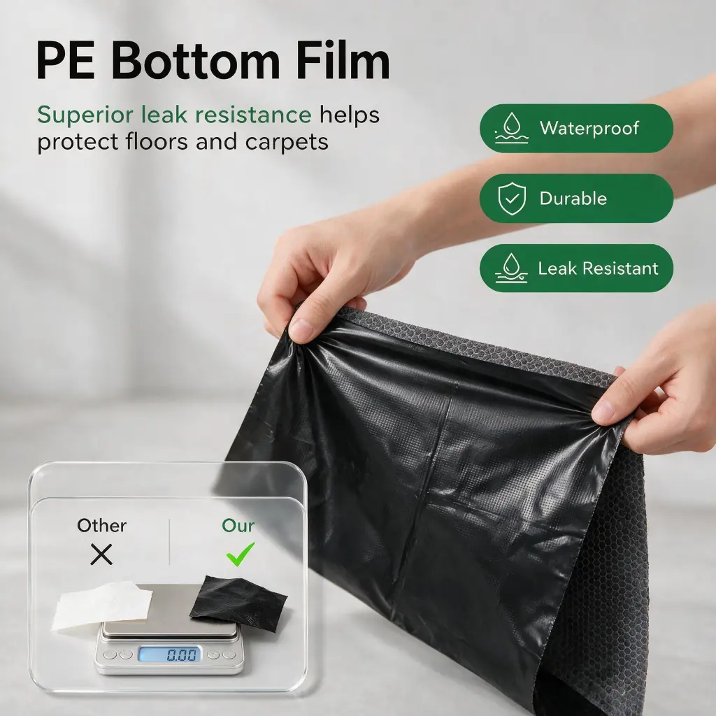 Charcoal pet pads with waterproof PE bottom film for leak resistant floor and carpet protection