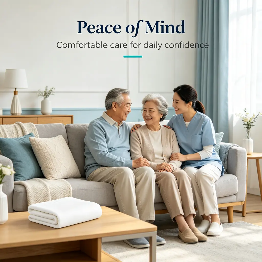 Elderly couple receiving comfortable adult incontinence care support at home for daily peace of mind
