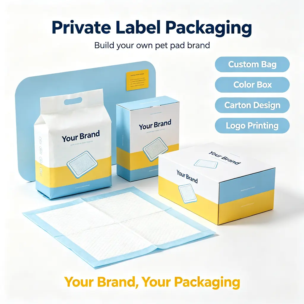 Private label pet pads packaging with custom bag color box carton design and logo printing for OEM brands
