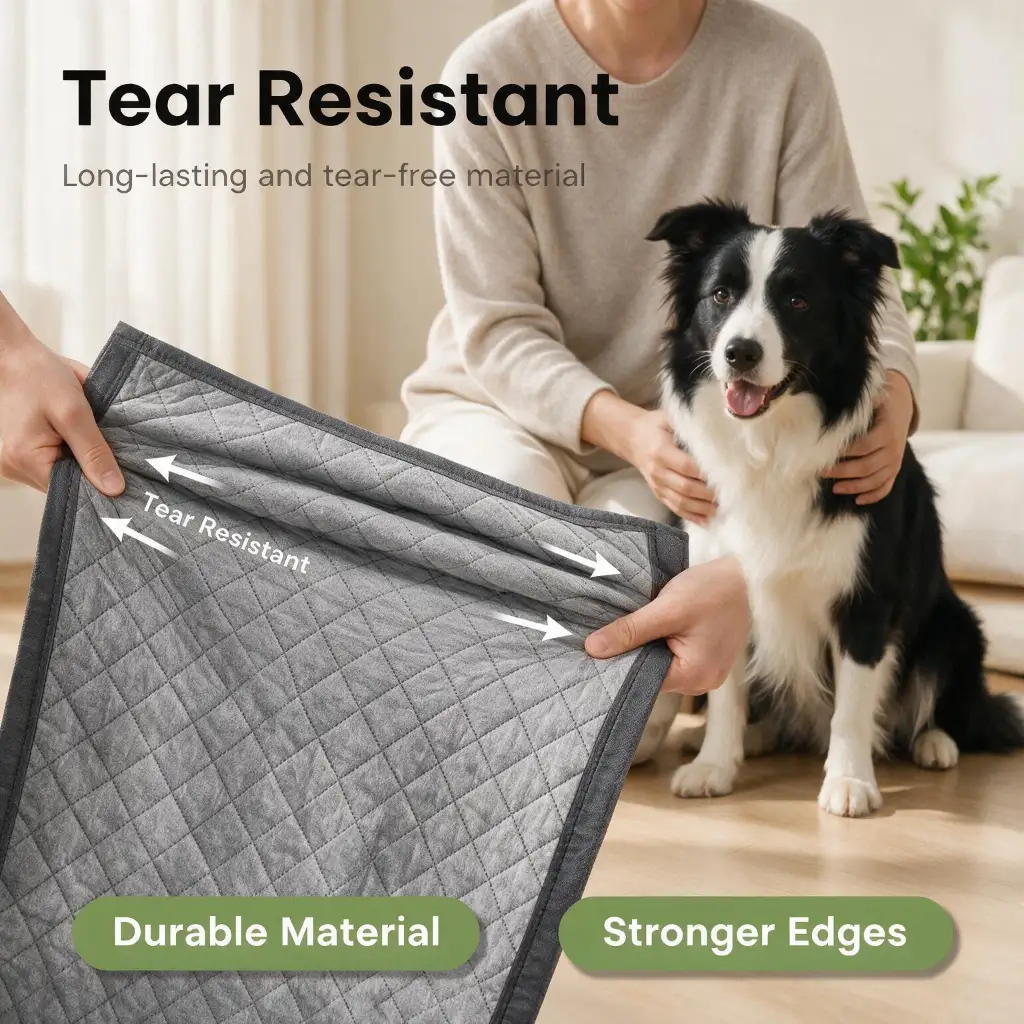 Tear resistant charcoal puppy pads with durable material and stronger edges for dogs