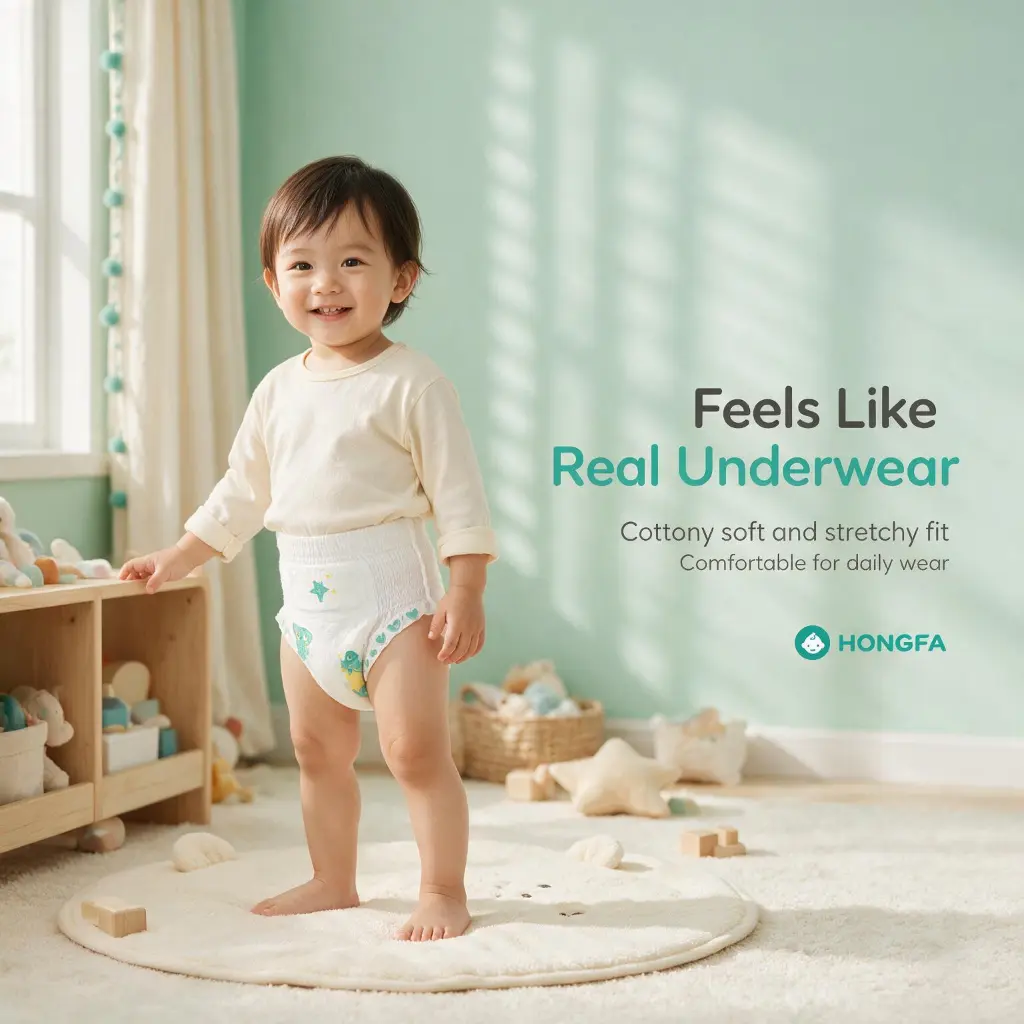 Baby pants diapers with underwear-like fit soft pull-up design and comfortable protection for daily wear