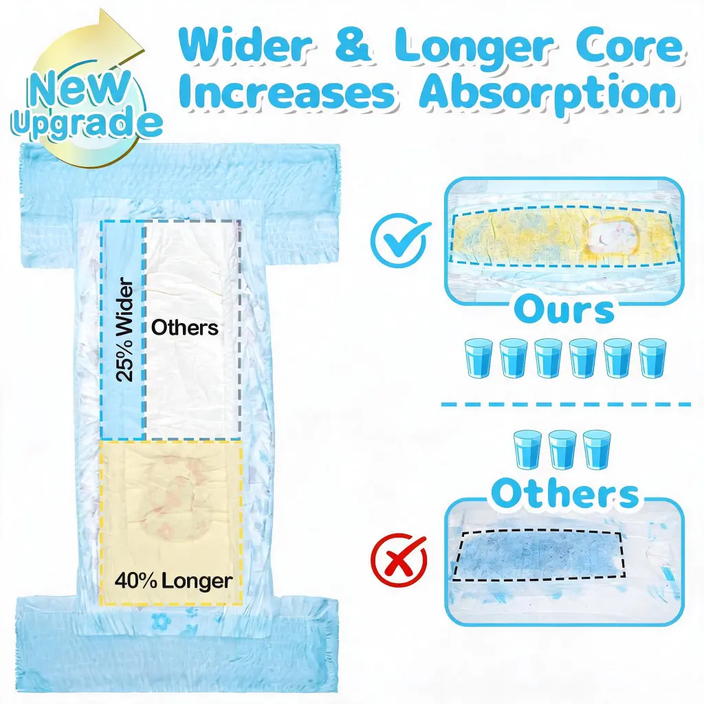 Dog diapers with wider and longer absorbent core for improved absorption compared with common diapers